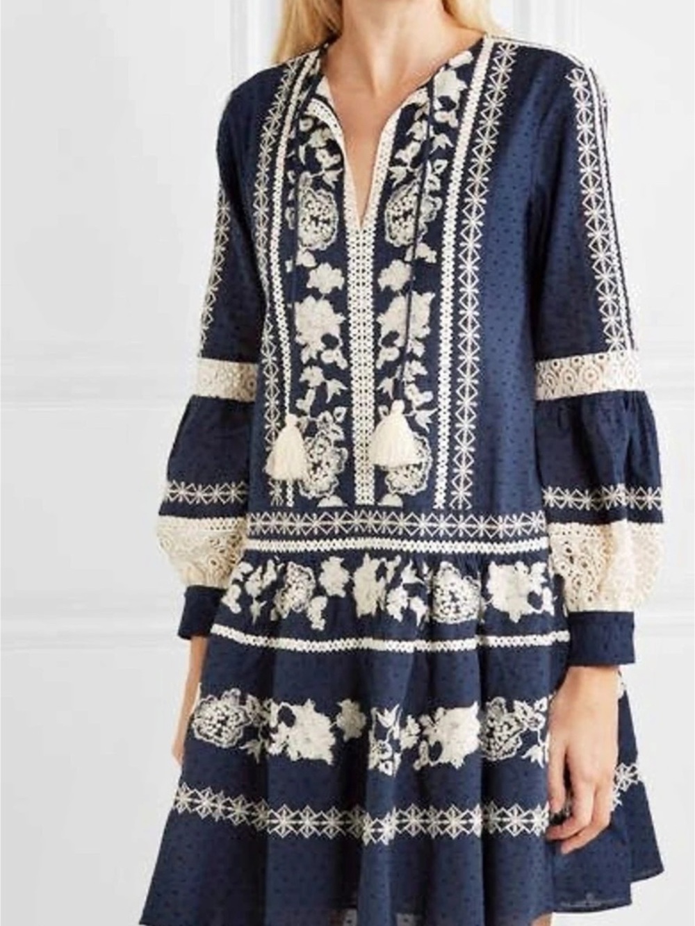 Tory Burch Boho Floral Mini Long Sleeve Blue & White Dress XS NWT✨